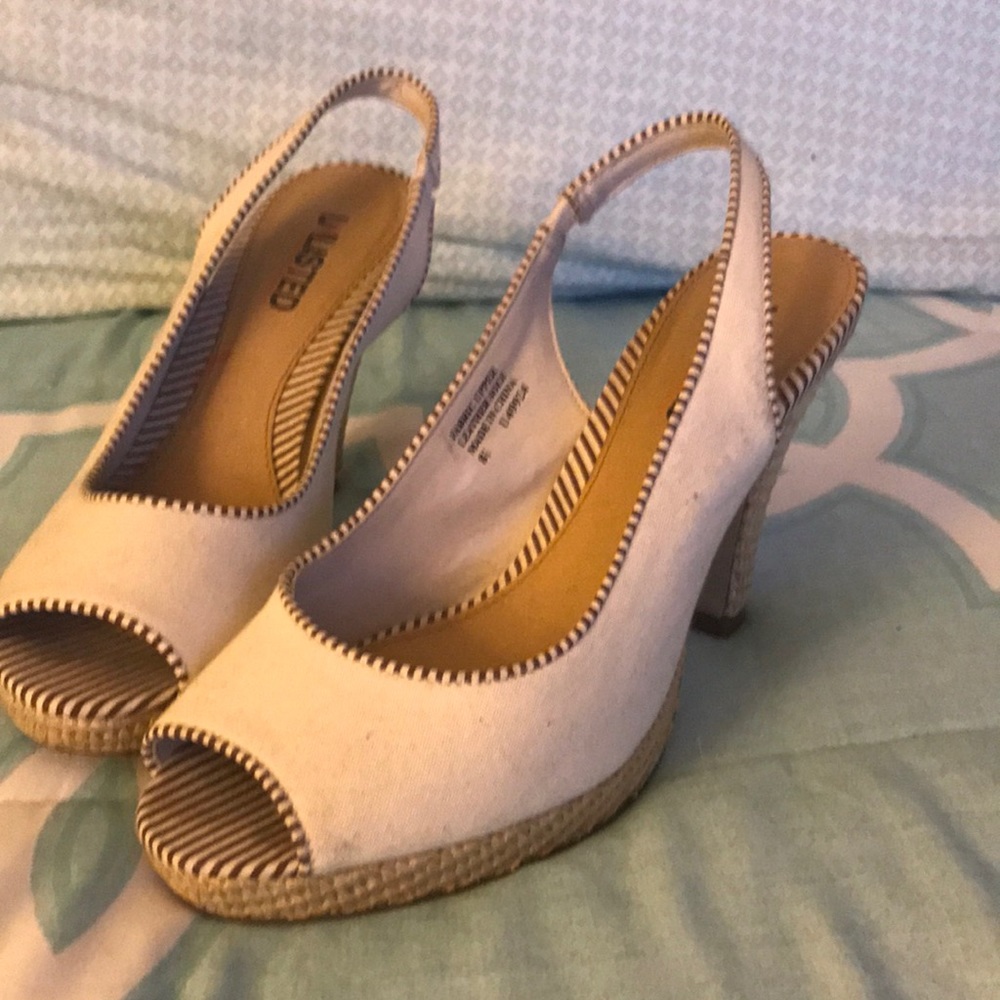 Tan with brown stripe sling back heels.